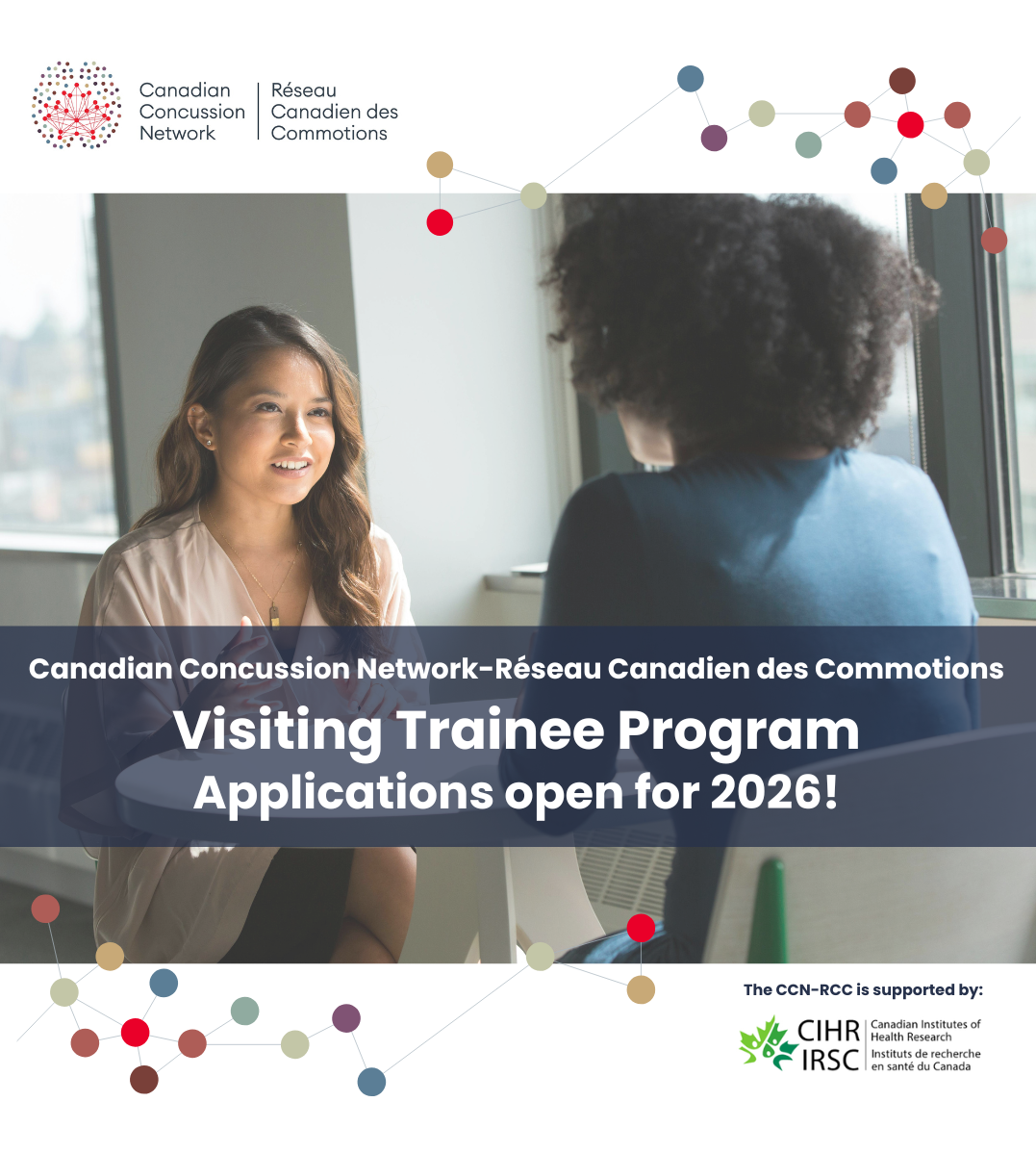 An image of two people talking, with the text: Visiting Trainee Program applications open for 2026